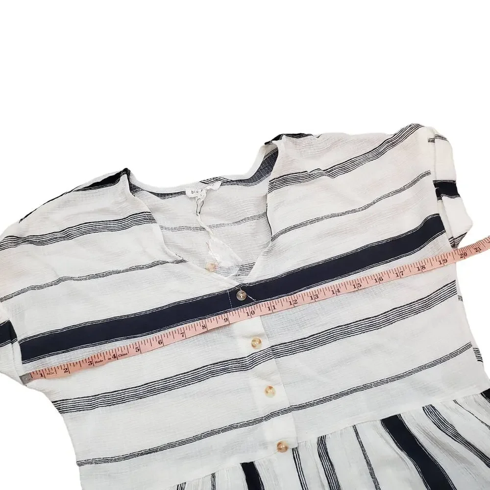 Blu Pepper Striped Peplum Blouse‎ Navy White Button Up Baby Doll Small - Picture 8 of 13